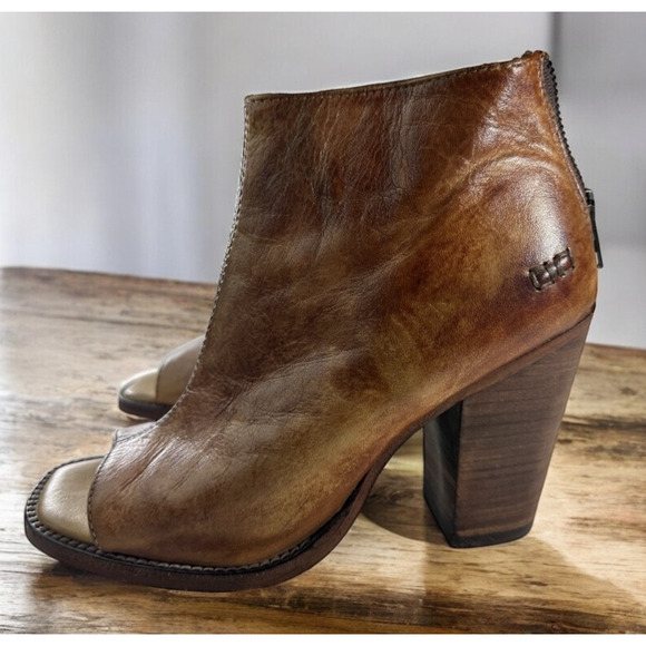 Bed Stu Peep Toe Zip Bootie Block Heel Distressed Brown Leather Boots Size 7 - Picture 16 of 16